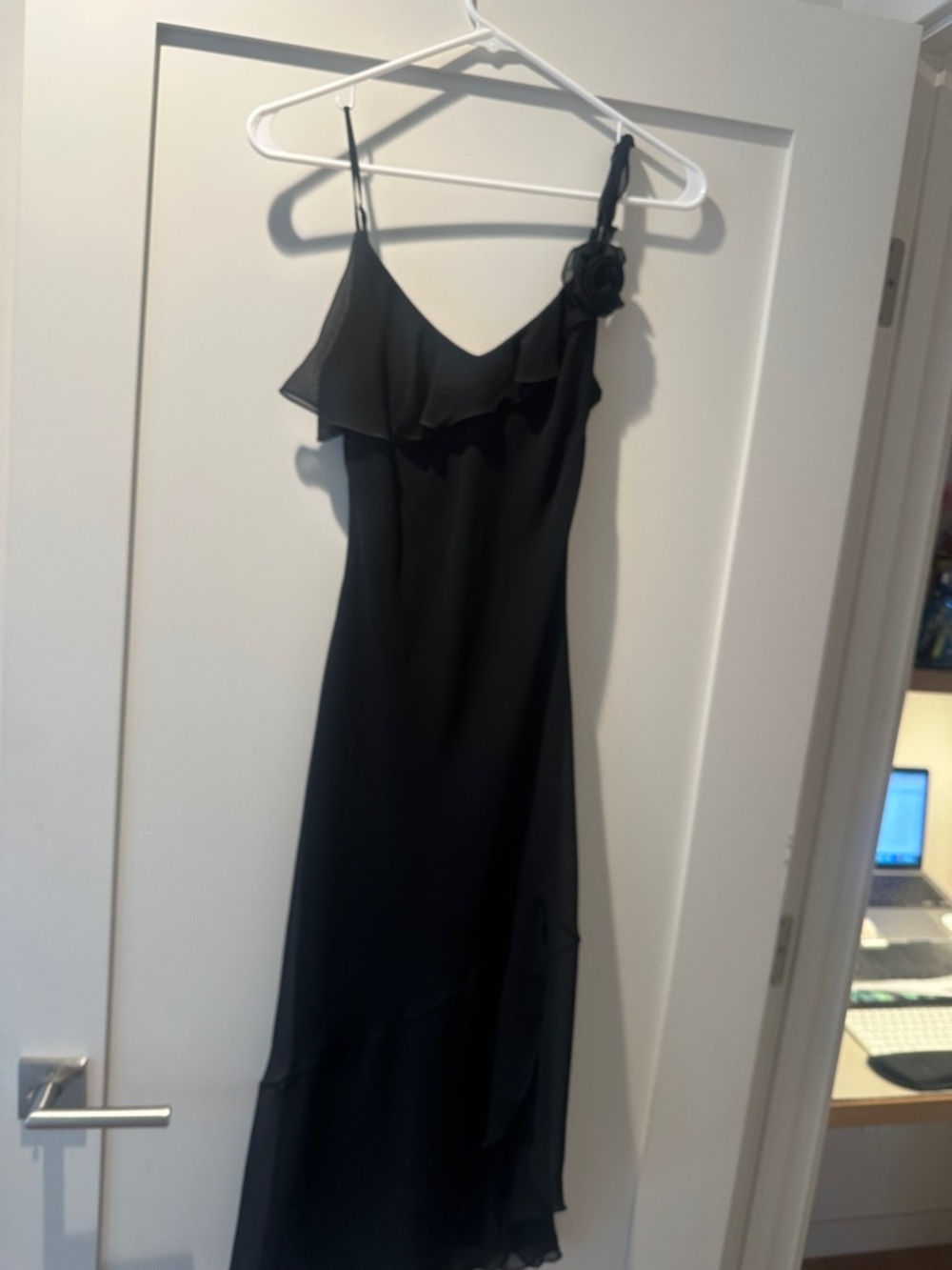 Aritzia Engage Dress - Black One-Shoulder Slip Dress with Rosette Strap